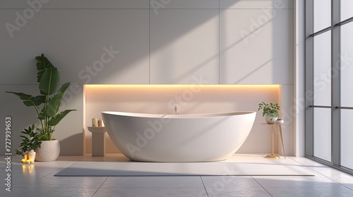 Contemporary bathroom featuring a standalone bathtub with a serene and minimalist design