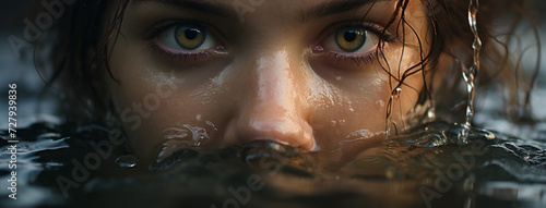 A closeup photo, direct and sharp eyesight look of a female with wet hair and raising out from water photo