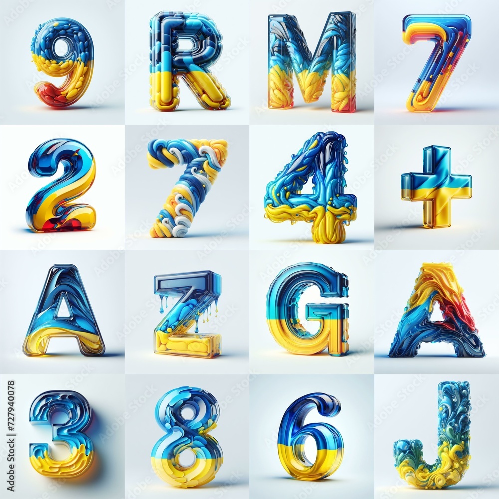 Fototapeta premium Glasss lettering in color of Ukraine flag. AI generated illustration