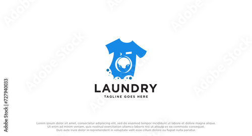 laundry logo in shades of blue with bubbles foam and washing clothes, simple creative logo, icon vector inspiration.