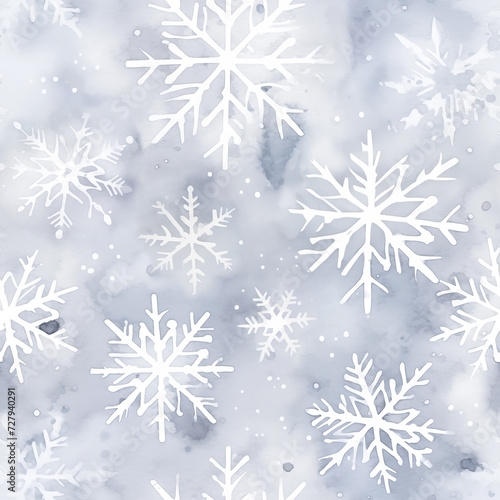 Watercolor Christmas seamless pattern with snowflakes on misty blue-gray background.