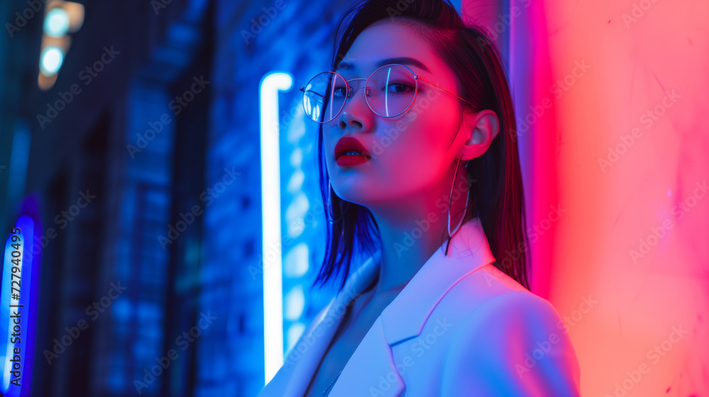 Young asian woman posing in red and blue neon light on the night street, hot girl hipster model Young asian woman posing in red and blue neon light on the night street, hot girl hipster model
