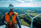 A wind energy technician surveys the landscape from the top of a wind turbine, equipped with safety gear and helmet against a backdrop of expansive rural scenery.