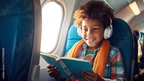 Stylish and Happy African American kid boy passenger reading book, sitting in an airplane near window with excitement during the journey