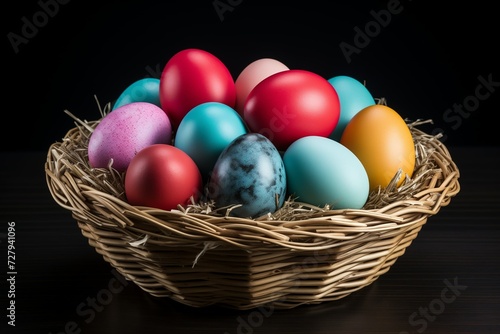 A straw basket filled with colored Easter eggs.