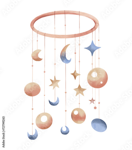 Watercolor baby crib mobile. Mobile with stars vector illustration. Watercolor toys.