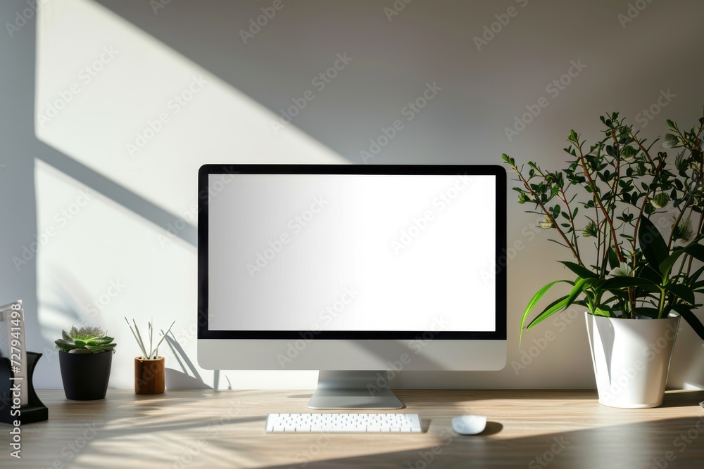 A contemporary workspace mockup, featuring a computer with a blank screen and natural plant shadows, providing copy space. A contemporary workspace mockup, featuring a computer with a blank screen and natural plant shadows, providing copy space.