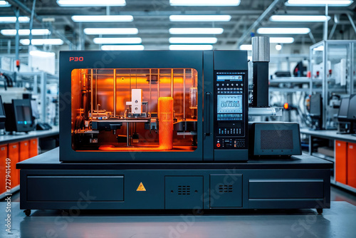 Industrial 3D printer with a glowing orange chamber operates in a modern manufacturing facility with precision equipment.