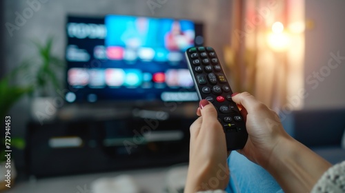 Woman relaxing on the couch, she is using the remote control and choosing a TV show or movie on the television menu