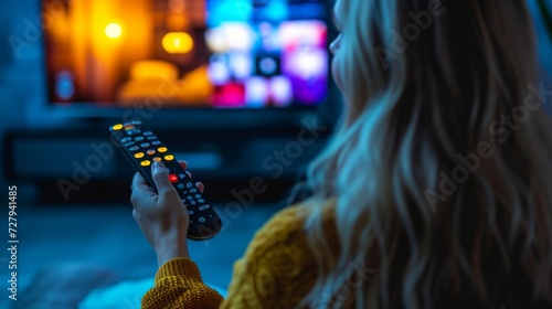 Woman relaxing on the couch, she is using the remote control and choosing a TV show or movie on the television menu photo
