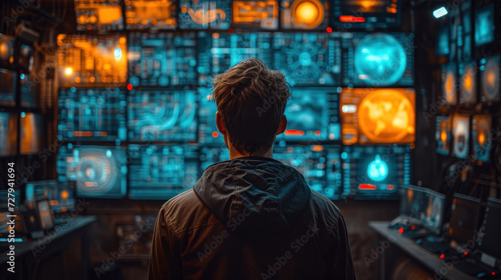 Man Overseeing Multiple Screens in High-Tech Control Room