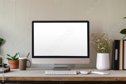A minimalist desk setup mockup with a blank computer screen surrounded by artistic supplies and houseplants.