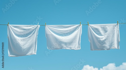Fresh white laundry hanging on a line against a clear blue sky reflecting cleanliness