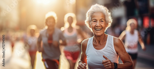Description: Joyful senior woman running in marathon, healthy active lifestyle, fitness in golden years, city backdrop, sunset light. photo