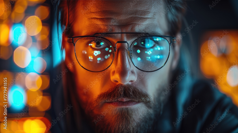 Office Worker Focused on Computer, Reflection in Eyewear Office Worker Focused on Computer, Reflection in Eyewear