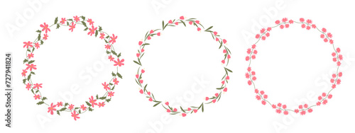 Floral round borders vector set. Pink flowers and Green twigs, circle drawn frame illustration. Hand drawn romantic wreaths.