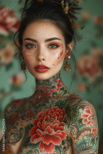 A woman with a full body tattoo of flowers and leaves, against a floral background.