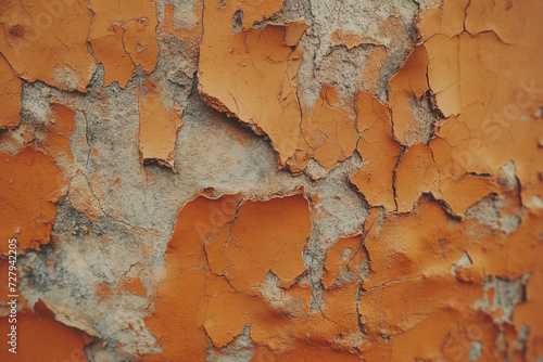 The image features a close-up of an orange and grey wall with peeling paint. The orange color is uneven, and the paint is cracked and chipped, revealing the grey wall beneath. The texture of the wall 