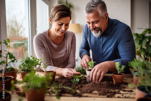Caucasian married middle aged couple planting herbs in living room