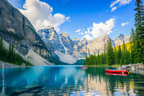 Lake with blue water and mountain in the background, natural landscapes of Canada, lifestyle, Landscape concept, generative ai