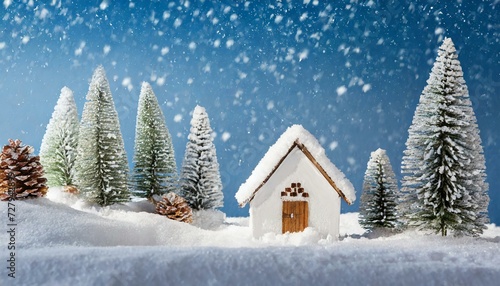 Winter landscape wallpaper with group of small trees, snow and small house © ngoc