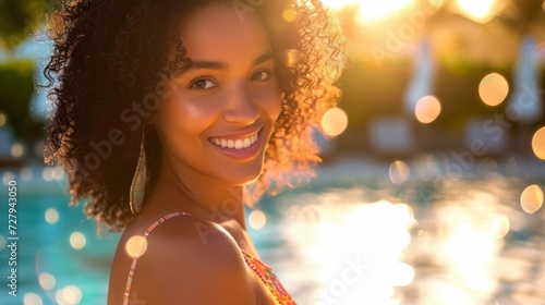 Cheerful woman with wavy hair enjoying the sunset poolside