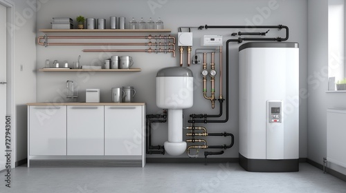 Modern home boiler and heating system installation with organized piping photo