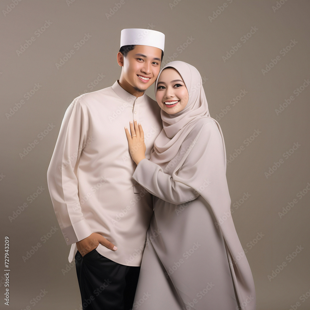 Heartwarming portrayal of a young Asian Muslim couple in traditional attire, including hijab, exchanging joyful Eid Mubarak gestures in a studio setting with a neutral color palette, creating a warm a Heartwarming portrayal of a young Asian Muslim couple in traditional attire, including hijab, exchanging joyful Eid Mubarak gestures in a studio setting with a neutral color palette, creating a warm a