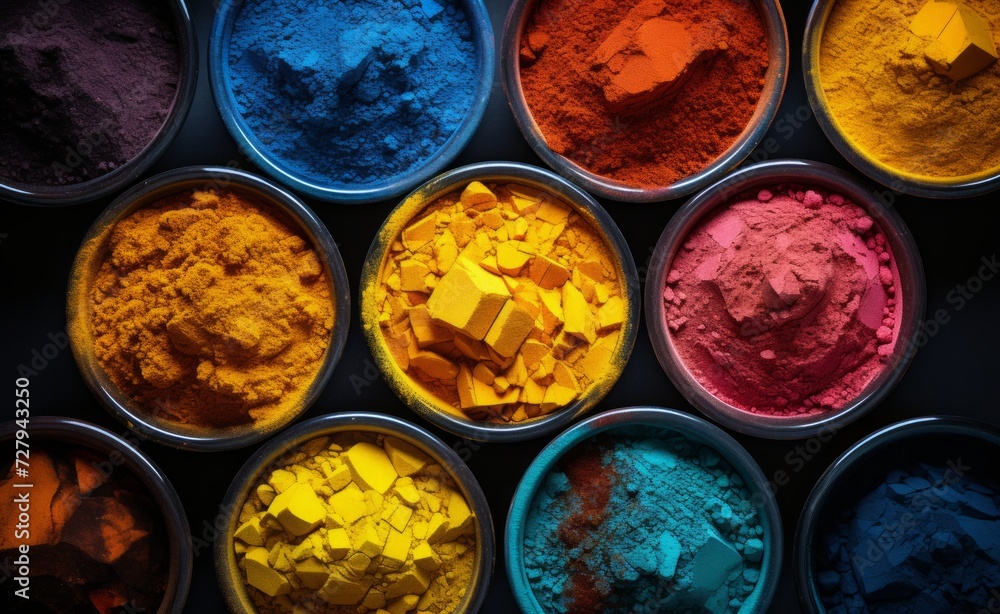 Happy holi festival . Colourful holi powder in bowls on dark background Happy holi festival . Colourful holi powder in bowls on dark background