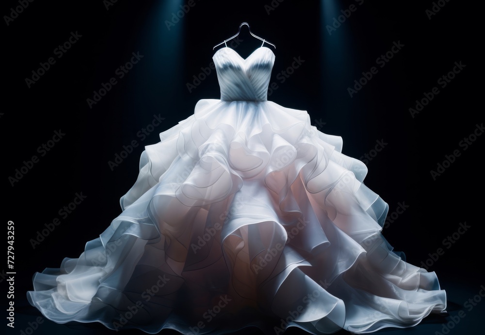 Fototapeta premium Elegant Bridal Gown Spotlighted Against Dark Background