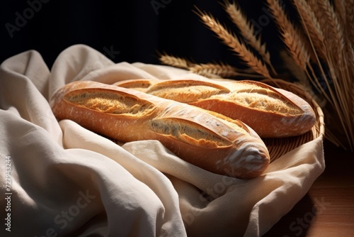 Freshly Baked Baguettes on Rustic Wooden Table with Wheat Stalks