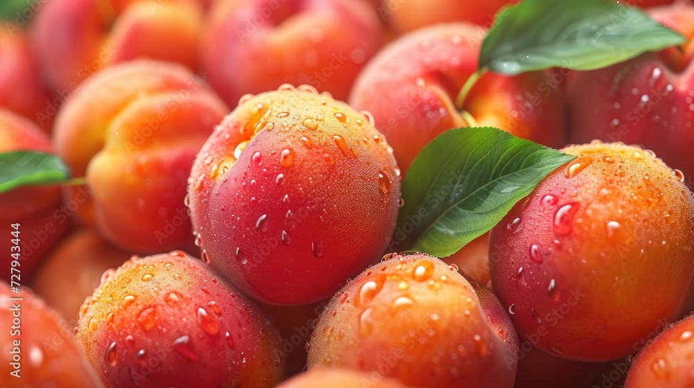 Fresh peach fruits on the table. Healthy food background with free place for text