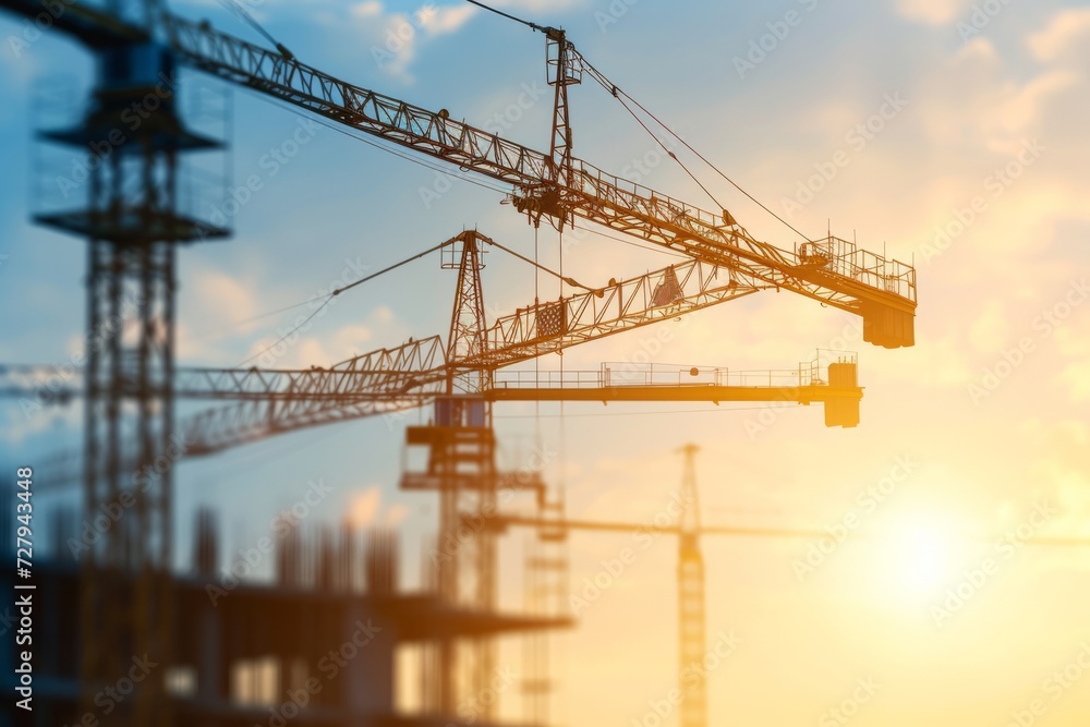 Tower construction crane in the sunset rays, construction and real estate concept, construction business