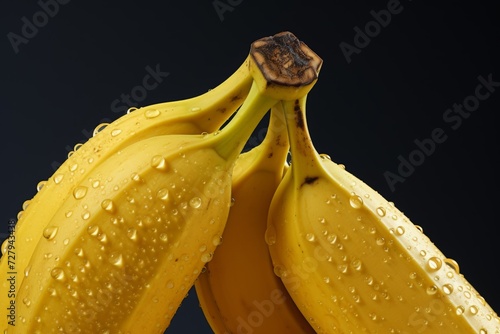 Fresh Yellow Bananas with Water Drops on Dark Background