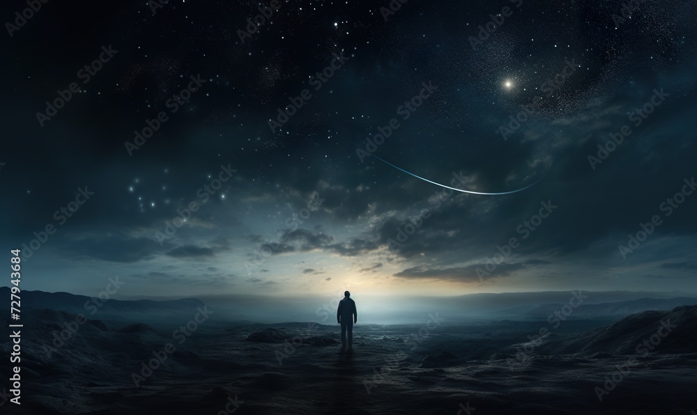 Fototapeta premium person standing in mountains at night sky background with stars, freedom and exploration concept