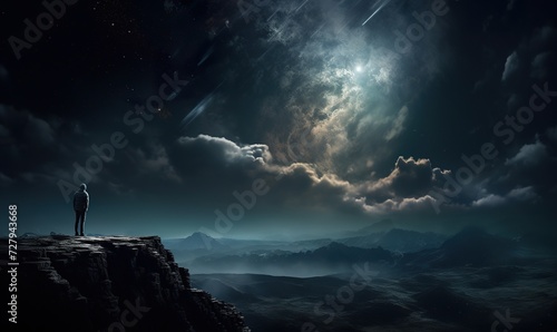 person standing in mountains at night sky background with stars, freedom and exploration concept