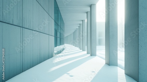 Winter s Touch on Modern Minimalism  A Serene Corridor Flanked by Pillars  Bathed in Soft Light and Snow  Capturing the Quiet Beauty of Architectural Simplicity