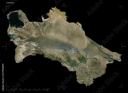 Turkmenistan shape isolated on black. High-res satellite map