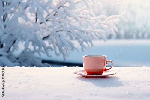Warm Comfort: Cup of Tea on a Snowy Winter Day