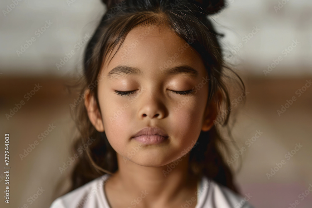 Close up little asian girl sits with her eyes closed relaxingly meditating in the room, children's mental health and relaxation concept
Close up little asian girl sits with her eyes closed relaxingly meditating in the room, children's mental health and relaxation concept