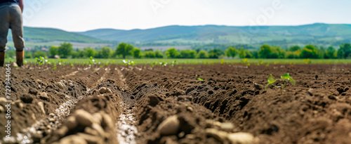 Farmer planting seeds in a field, rows of fresh soil, vibrant green landscape in background, clear sky.