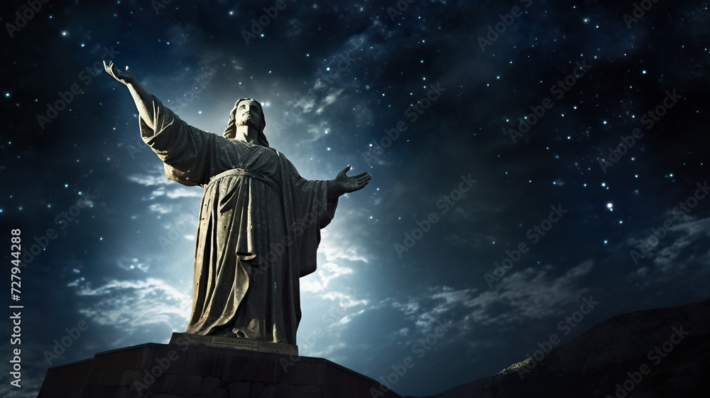 Jesus Christ statue on sunset sky background, christianity symbol Jesus Christ statue on sunset sky background, christianity symbol