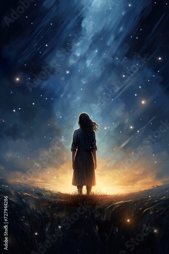 woman staying in field on night sky with stars background  world exploration and freedom concept