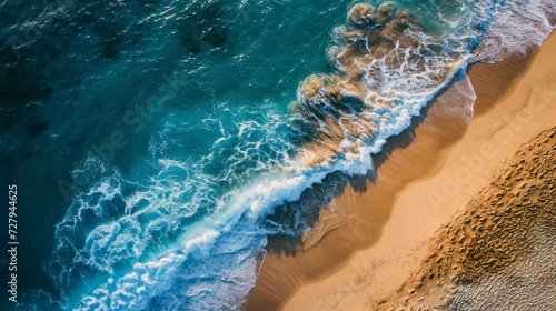 Aerial View of Waves Crashing on Serene Sandy Beach