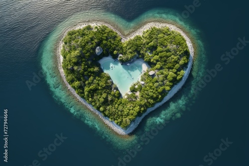 Aerial View of Heart-Shaped Island Paradise