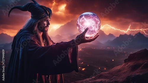 highly intricately photograph of demon Magician summoning ghostly demon, sorcerer casts a spell with crystal ball 