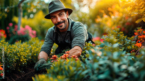 A joyful gardener with a hat tends to vibrant flowers in a lush garden, surrounded by a play of sunlight and shadows.