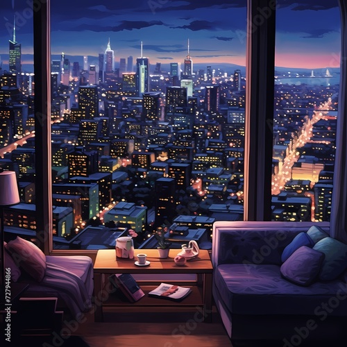Evening Cityscape View from a Cozy Interior
