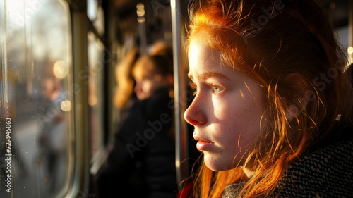 Red-haired girl in a subway car