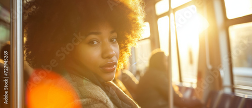 A young woman with a hopeful gaze on a sunlit public transport bus